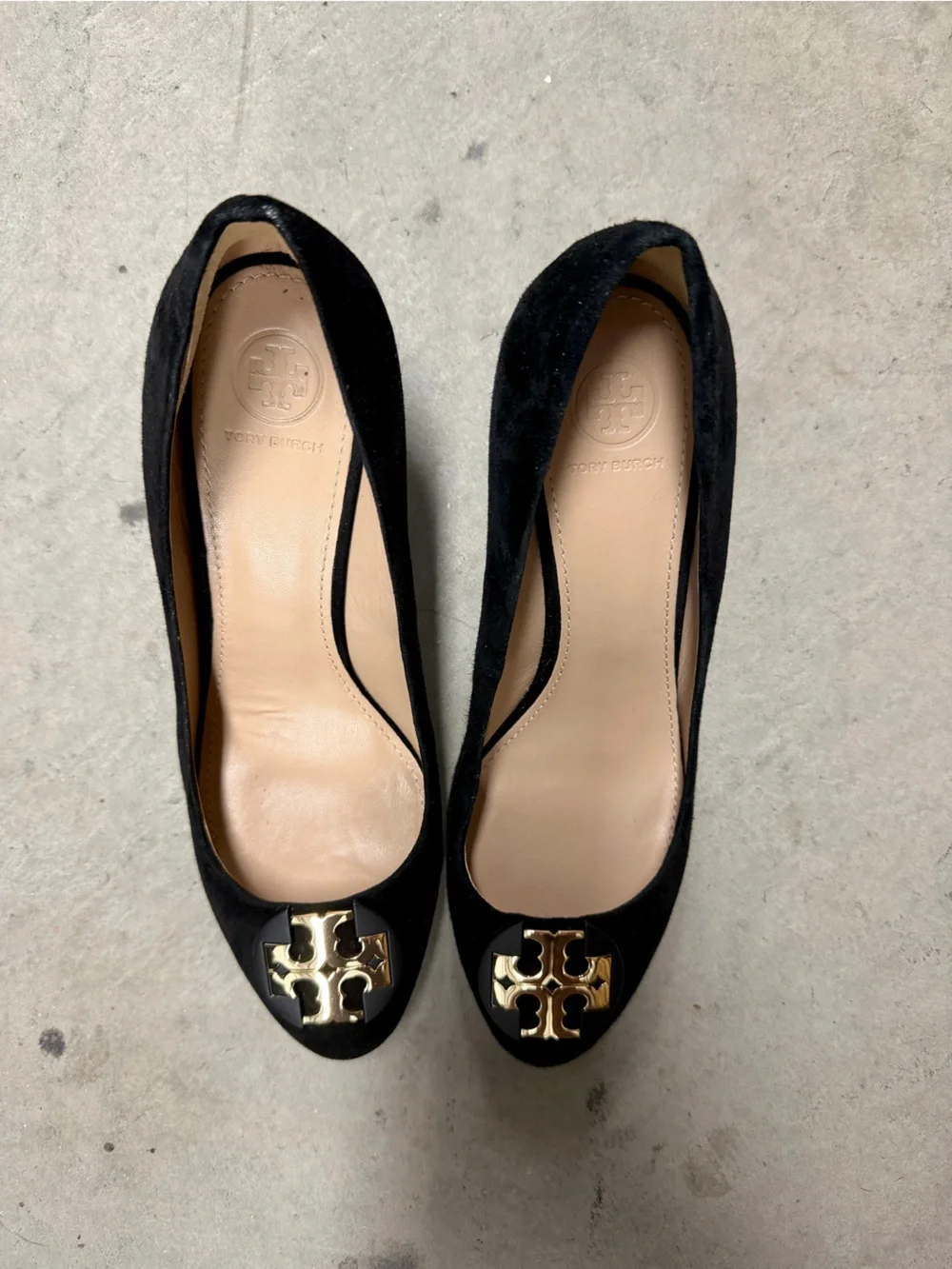 Tory Burch Black Luna 35mm Suede Wedge with Gold Logo